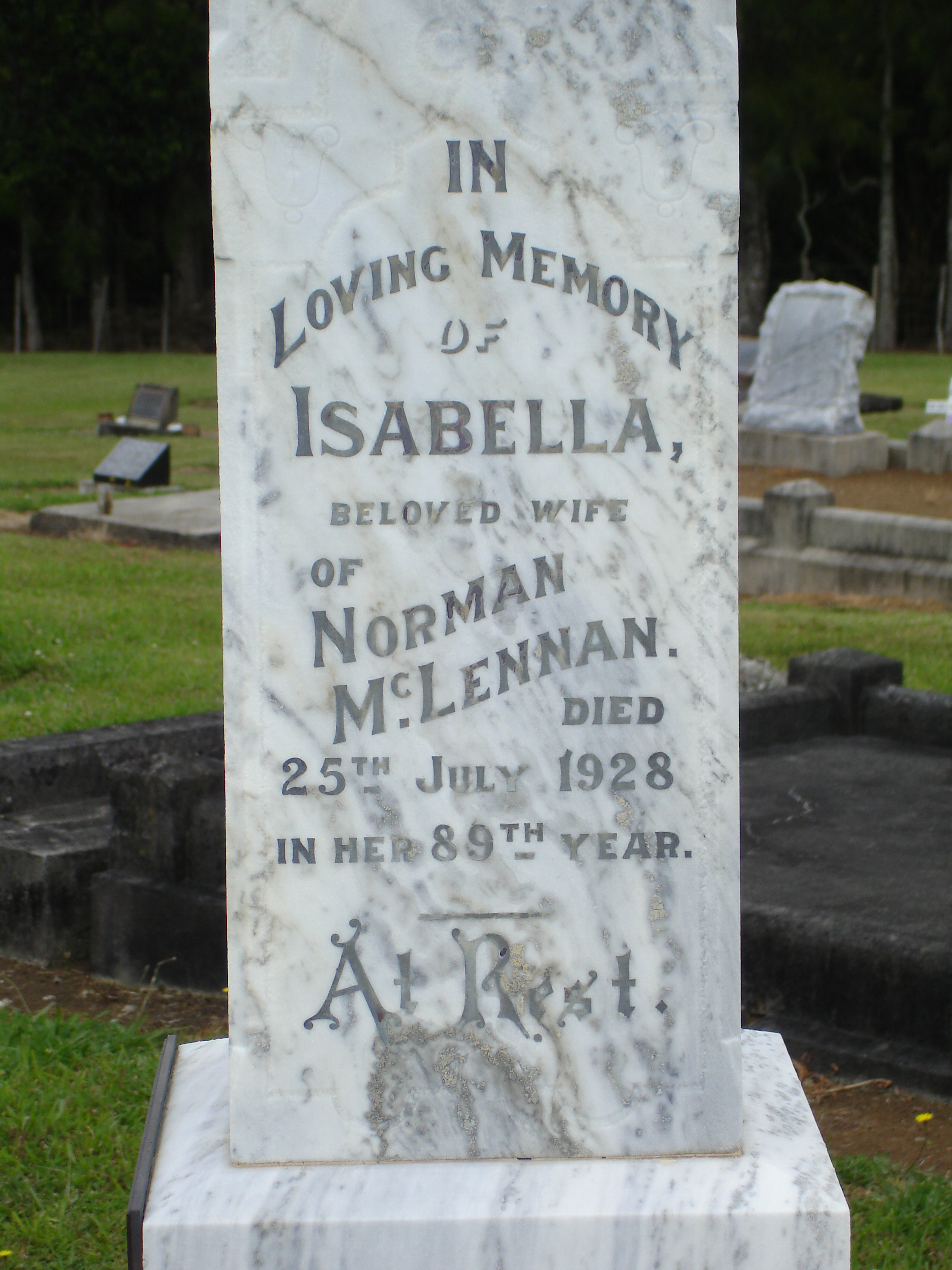 Photo of headstones/Isabella McLennan d1928 hdstn Kauri Pres